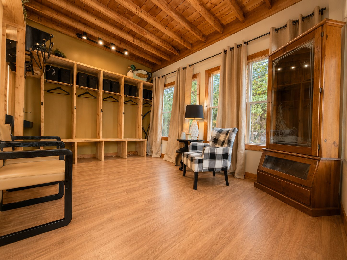 Timber-lined gear room at Promised Bottomland